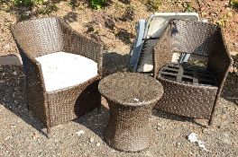 TWO MODERN RATTAN PATIO CHAIRs, with matching occasional table and a folding garden chair (4)