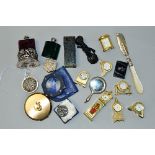 A BOX OF MISCELLANEOUS, including novelty clocks and dressing table items, etc