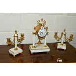 A LATE 19TH CENTURY WHITE MARBLE AND GILT METAL CLOCK GARNITURE, the clock with urn finial and bow