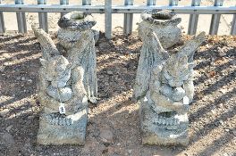 TWO GARDEN MYTHICAL CREATURES (plastic) and two composite stone small urns (2)