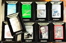 A COLLECTION OF NINE ZIPPO LIGHTERS BOXED AND PAMPHLETS, comprising Fuel Can, 50th Anniversary,