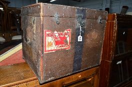 A VINTAGE CUBED TRUNK, showing various travel labels including Hotel Des Anglais, Cannes,