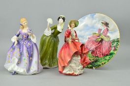 THREE ROYAL DOULTON FIGURES AND A MATCHING PLATE, 'Nicola' HN2839, 'Simone' HN2378, 'Top O'the Hill'