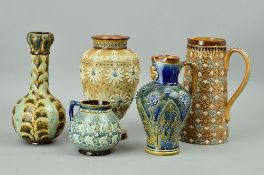 A GROUP OF FIVE DOULTON LAMBETH JUGS AND VASES, to include a vase with monogram for Alice Ritchin,