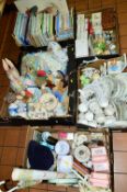A LARGE COLLECTION OF BEATRIX POTTER ITEMS IN SIX BOXES, to include books, ornaments, soft toys,
