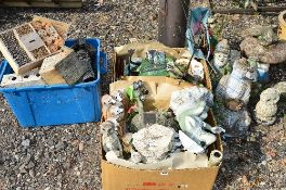 A QUANTITY OF PLASTIC GARDEN ORNAMENTS, bird boxes and six composite garden gnomes and animals