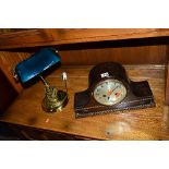 AN OAK CASED MANTLE CLOCK, and a brassed desk lamp (2)