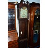 A GEORGE III OAK AND INLAID LONGCASE CLOCK, eight day movement, painted dial, diameter of dial 33cm,