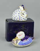 TWO ROYAL CROWN DERBY PAPERWEIGHTS a Duck (with box and gold stopper) and a Rabbit (gold stopper) (