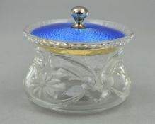 A GLASS AND ENAMELLED LIDDED POT