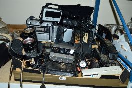 A BOX OF VINTAGE CAMERAS, PHONES AND TOOLS, etc, to include a Polaroid image system camera, a soil