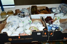 FIVE BOXES AND LOOSE DINNERWARES AND GLASSWARE, etc, to include a box of tube lined stoneware items,