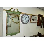 A GREEN PAINTED AND ONYX RECTANGULAR WALL MIRROR, a modern circular wall clock, another modern