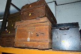A DEED BOX, and four vintage tin trunks (5)