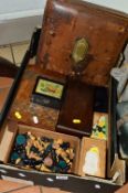 VARIOUS BOXES, CHESS PIECES, DRAUGHT PIECES, etc, to include tea caddy (missing some interior), case