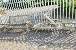 A WOODEN GARDEN BENCH, approximate length 157cm and a wooden sun lounger (all proceeds to Local