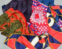 FOUR SCARVES, to include a red, blue and white polka dot silk scarf and a Liberty scarf with red