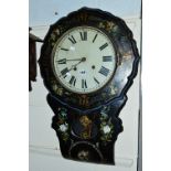 A LATE VICTORIAN BLACK LACQUERED AND MOTHER OF PEARL INLAID DROP DIAL WALL CLOCK, the circular