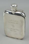 A SILVER HIP FLASK, of rectangular outline with personal engraving and presentation case, hallmark