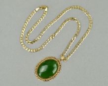A MODERN NEPHRITE JADE SINGLE STONE PENDANT, a shallow oval cabachon measuring approximately 29mm
