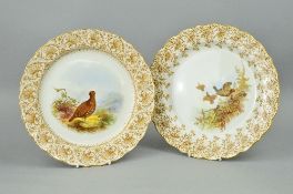 TWO ROYAL WORCESTER VITREOUS CABINET PLATES, Grouse design, brown factory mark and Rd No 164677