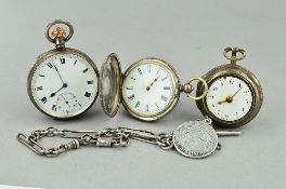 THREE MIXED DISTRESSED SILVER POCKET WATCHES, on a silver T bar chain