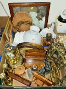 AN ASSORTED COLLECTION OF SUNDRY ITEMS, to include an oak letter rack with glass ink well, treen