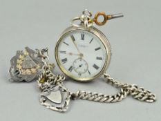 A SILVER POCKET WATCH, (J W Benson) on a silver chain and two silver fobs