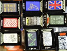 A COLLECTION OF TEN ZIPPO LIGHTERS, BOXED AND PAMPHLETS, comprising New York, D.Day, Jazz, Union