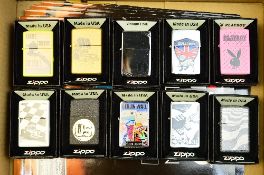 A COLLECTION OF TEN ZIPPO LIGHTERS, BOXED AND PAMPHLETS, comprising Copacabana, Bull Dog, Racing