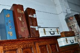 SIX VARIOUS VINTAGE SUITCASES, including a leather suitcase