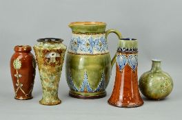 A GROUP OF ROYAL DOULTON STONEWARE VASES, JUGS, ETC, to include, a bulbous jug, applied floral