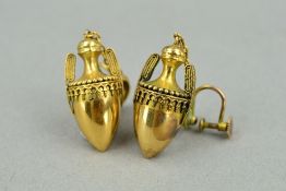 A PAIR OF YELLOW METAL VICTORIAN ETRUSCAN REVIVAL LONG EAR PENDANTS, a fancy urn, suspended from a