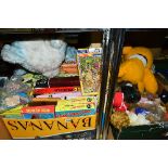 TWO BOXES AND LOOSE OF VINTAGE JIGSAW PUZZLES, DOLLS AND TEDDYS, including a singing and speaking