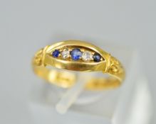 AN 18CT GOLD EDWARDIAN SAPPHIRE AND DIAMOND BOAT RING, Birmingham 1901, ring size L, approximate