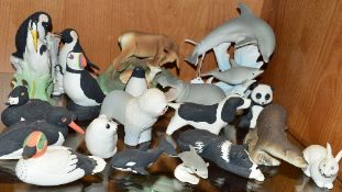 A GROUP OF HIGHBANK PORCELAIN ANIMALS/MAMMALS, to include Dolphins, Penguins, dogs, birds etc, (only