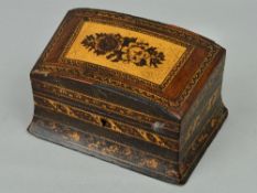 A VICTORIAN TUNBRIDGE WARE RECTANGULAR BOX, the sloped hinged lid inlaid with flowers surrounded