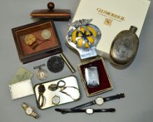 A BOX OF MISCELLANEOUS, including watches, 1914-1918 medal to 26762 Pte J R Huckfield The Queens