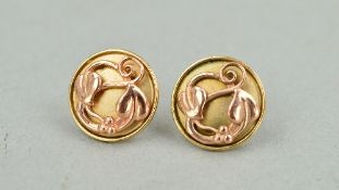 A MODERN PAIR OF CLOGAU GOLD EAR STUDS, circular design with applied rose gold floral detail to a