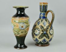A DOULTON LAMBETH STONEWARE JUG BY MARY ANN THOMSON, green and brown ground with applied floral
