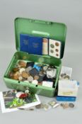 A BOX CONTAINING MAINLY UK COINS AND COMMEMORATIVES, to include George III, George IV, Victoria