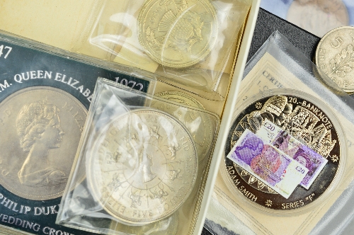 A BOX LID OF COINS AND COMMEMORATIVES, to include Royal Mint year sets, five pound coins, etc - Image 2 of 3