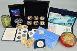A BOX WITH AMOUNTS OF COINS AND COMMEMORATIVES, to include a sterling silver medal for Queen