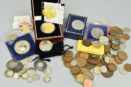 A BOX OF MIXED COINS, to include a St George & The Dragon gold plated and boxed with COA 2012,