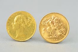 A PAIR OF SOVEREIGNS, boxed Victoria full gold sovereign 1868 Die 16, together with Elizabeth II