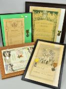 FOUR GLAZED FRAMES CONTAINING PAPERWORK AND MEDALS, French certificate for a soldier who served at