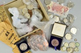 A BOX OF MISCELLANEOUS COINAGE, to include mid 20th Century coins with amounts of silver coins