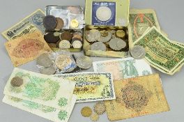 A TUB OF UK COINAGE, to include a George III shilling 1820, other silver coins, £5 coin