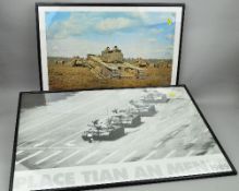TWO GLAZED PRINT FEATURING TANKS, black and white place Tian an Men 5 Juin 1989 and Churchill
