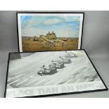 TWO GLAZED PRINT FEATURING TANKS, black and white place Tian an Men 5 Juin 1989 and Churchill